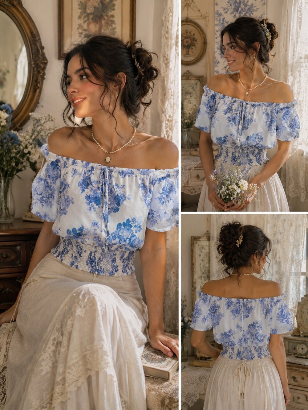 Lush Blue White Boho Floral Off Shoulder Flutter Sleeve Crop‎ Elastic Waist SZ M